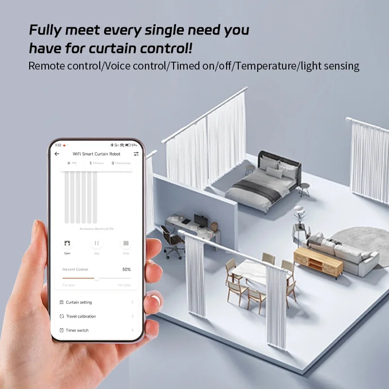 WiFi automatic curtain opener and closer, remote-controlled robotic smart curtain motor, timer, voice control, suitable for trac